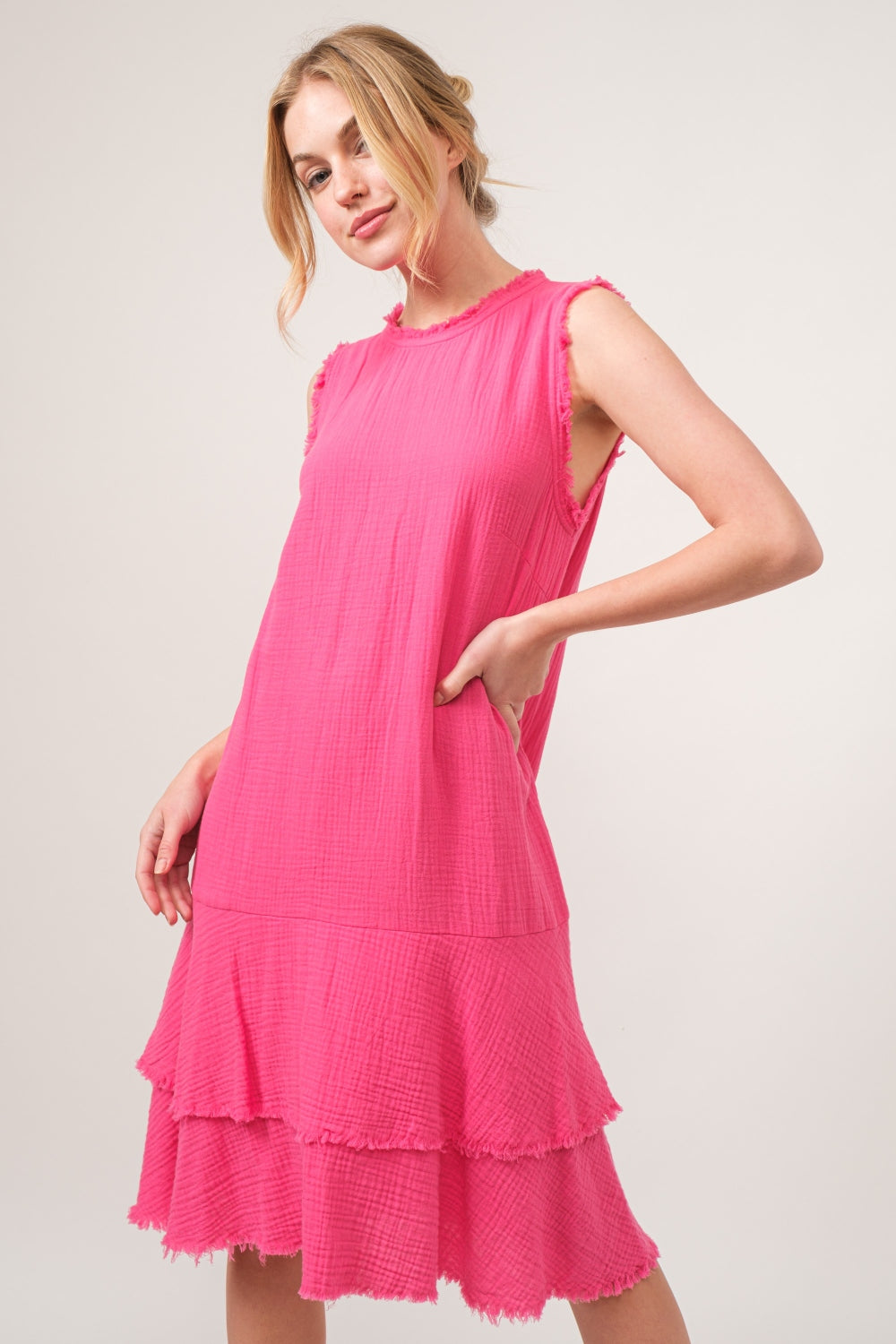 Washed Fringed Mini Dress - Pink