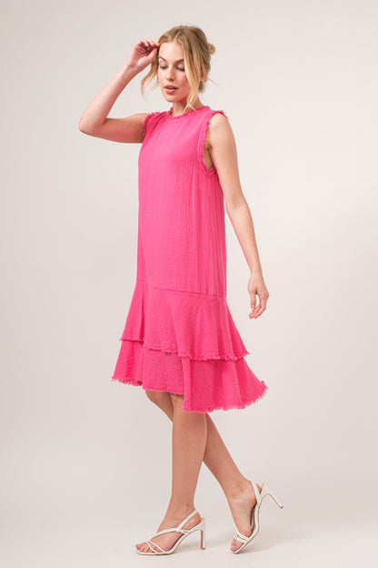 womens spring and summer cotton dress Washed Fringed Mini Dress - Pink