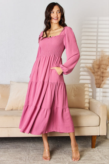 pink balloon sleeve maxi dress, Square Neck Maxi Dress - Pink