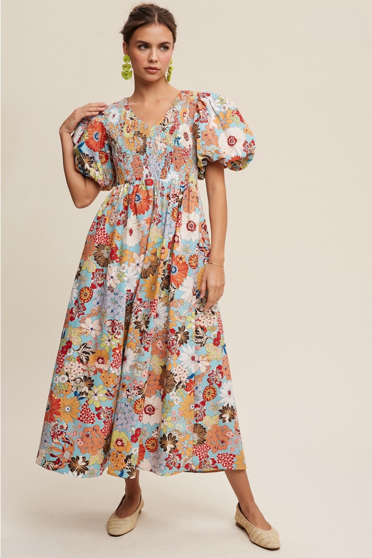 womens Puff Sleeve Floral Maxi Dress in orange