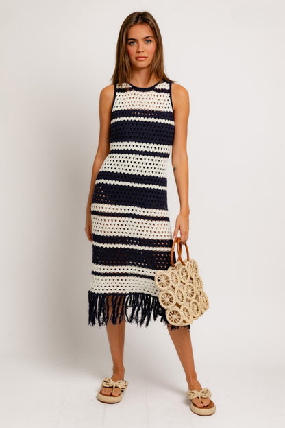 Sleeveless Crochet Midi Dress - Navy