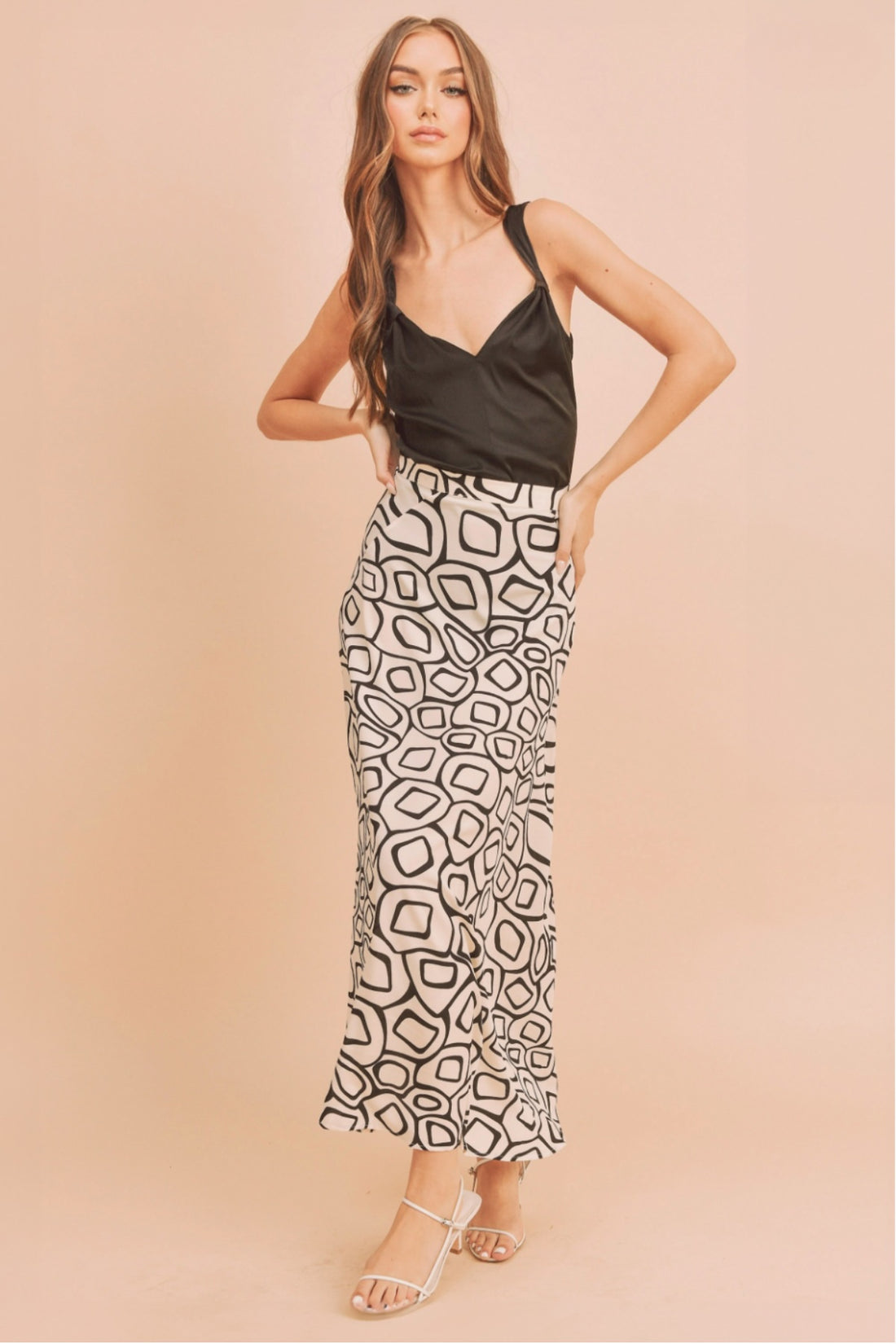 white and black Abstract Satin Maxi, silk maxi minimalist long skirt