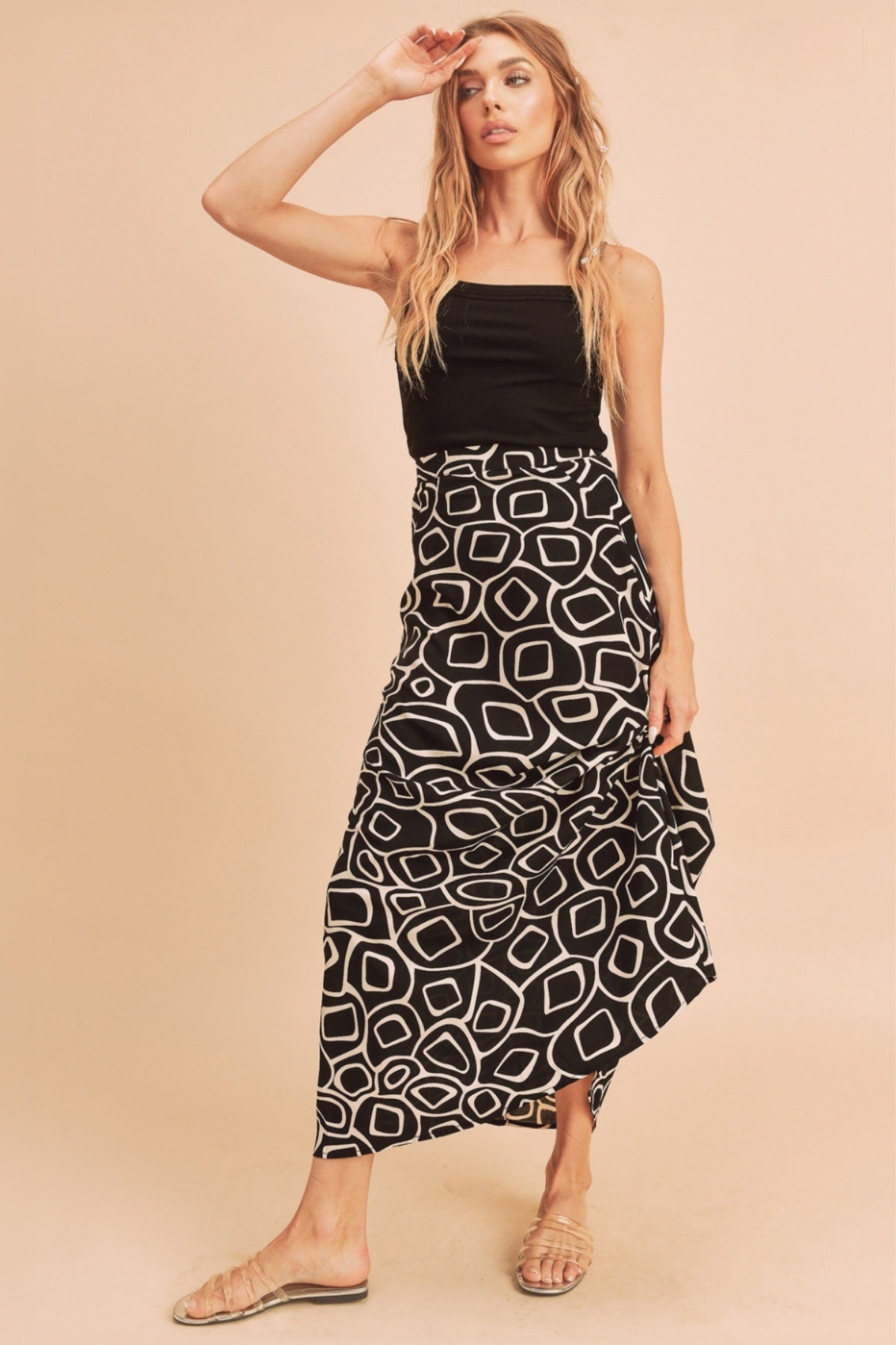  black and white Abstract Satin Maxi, black long minimalist silk skirt women