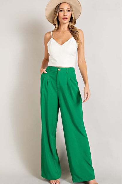 green pleated pants womens