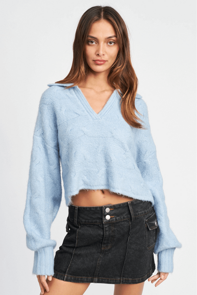 light blue Collared Boxy Crop Sweater