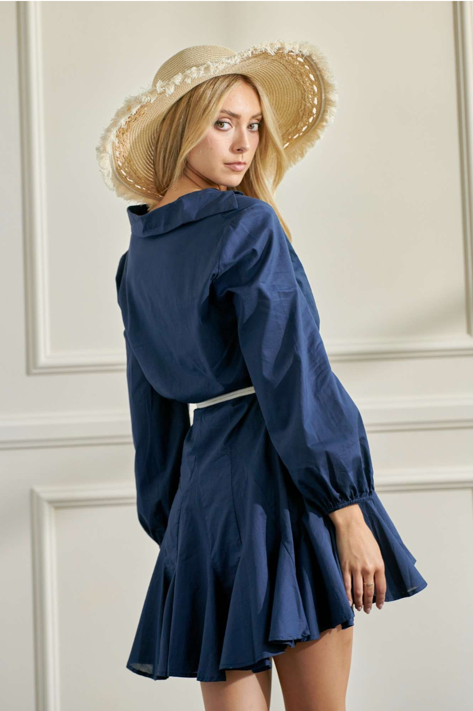 navy shirt dress, belted, women