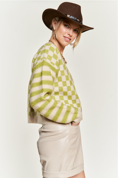 womens green and tan Checks and Stripes Cardigan