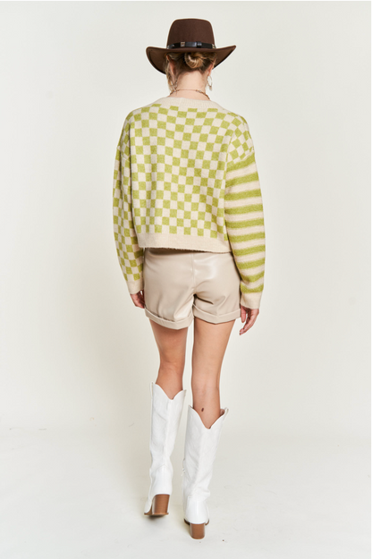 green and tan cropped cardigan, Checks and Stripes Cardigan womes