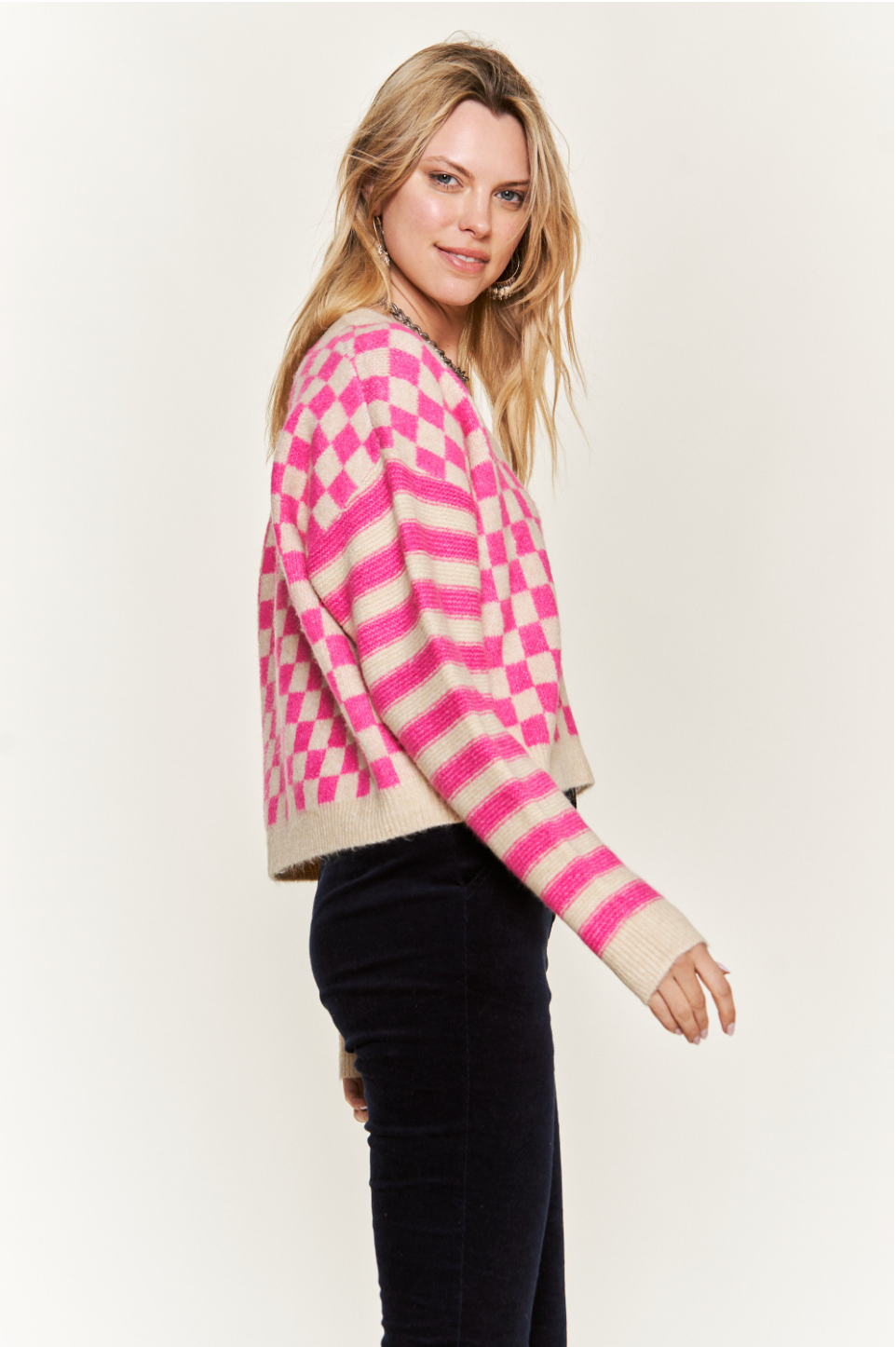 womens pin Checks and Stripes Cardigan