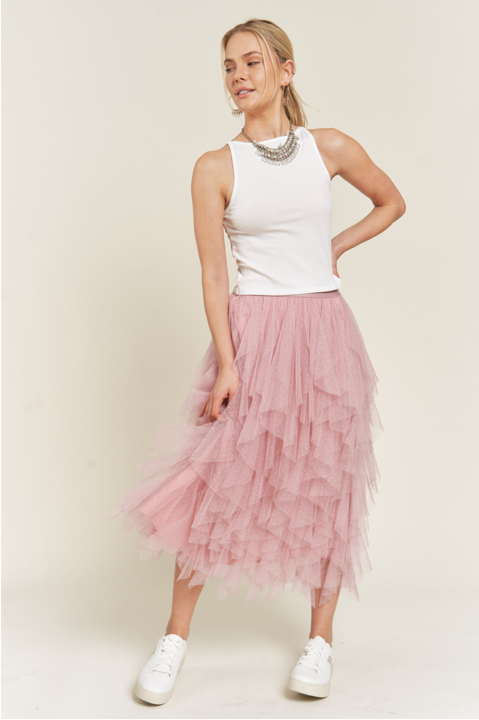 womens pink Layered Mesh Midi Skirt