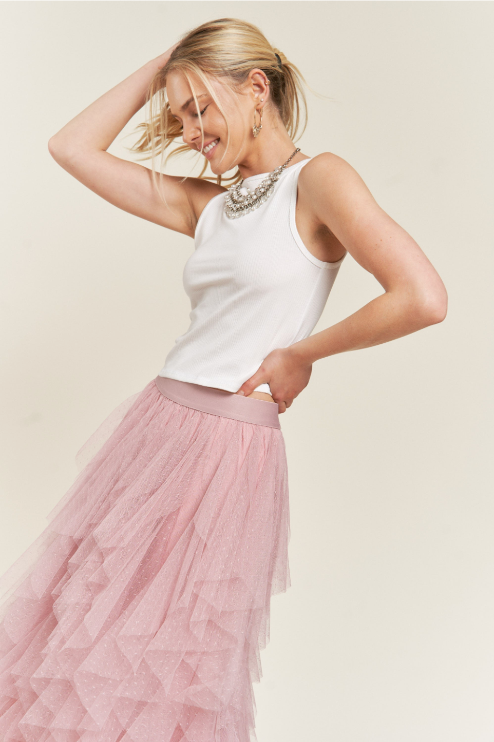 pink Layered Mesh Midi Skirt