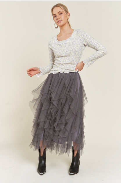 gray Layered Mesh Midi Skirt, women