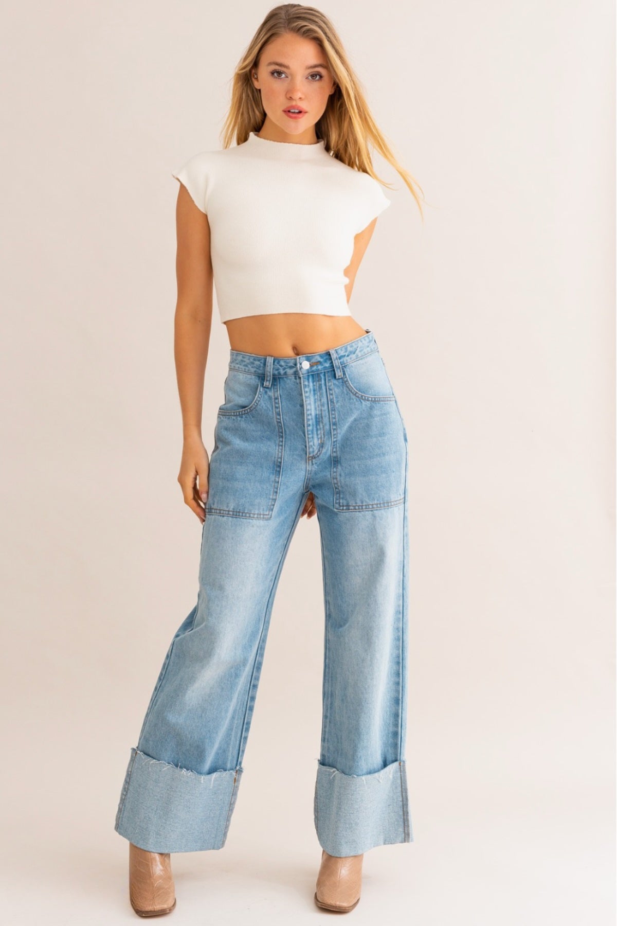 blue cuffed wide leg jeans, high rise jeans women