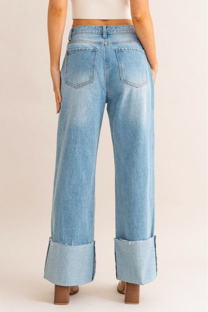 womens Wide Leg Cuffed Jeans