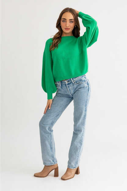 green balloon sleeve sweater, Ruched Back Sweater, women