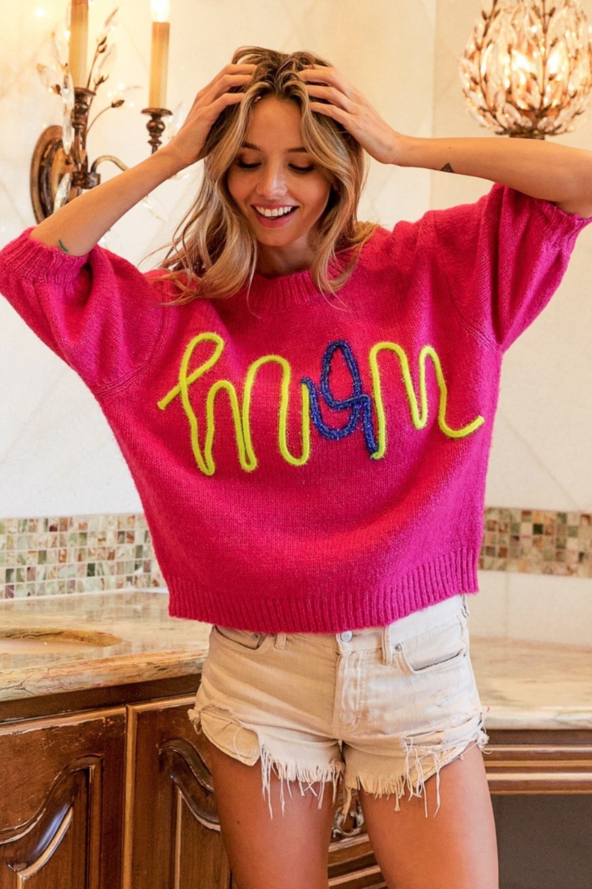 MOM Embroidered Knit Top - Fuchsia