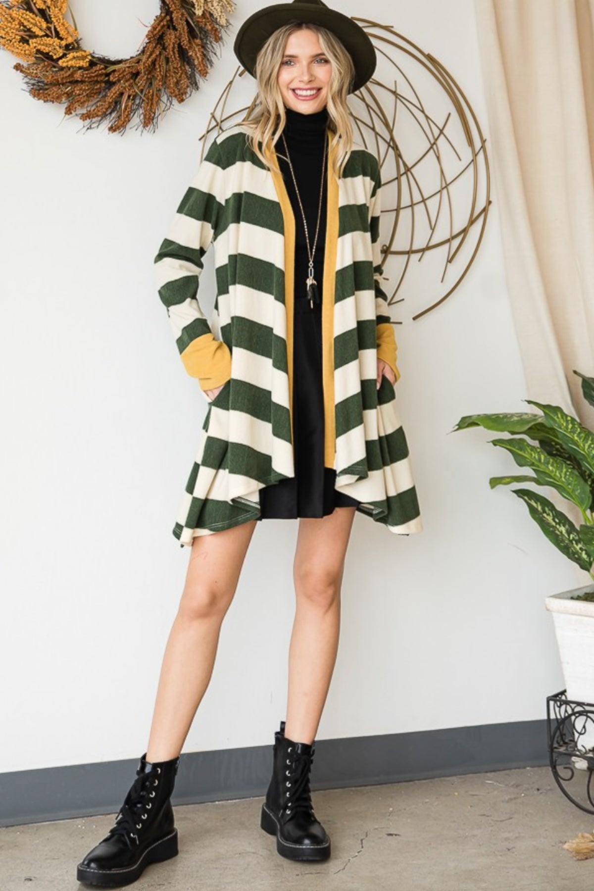 green and yellow Striped Draped Knit Cardigan