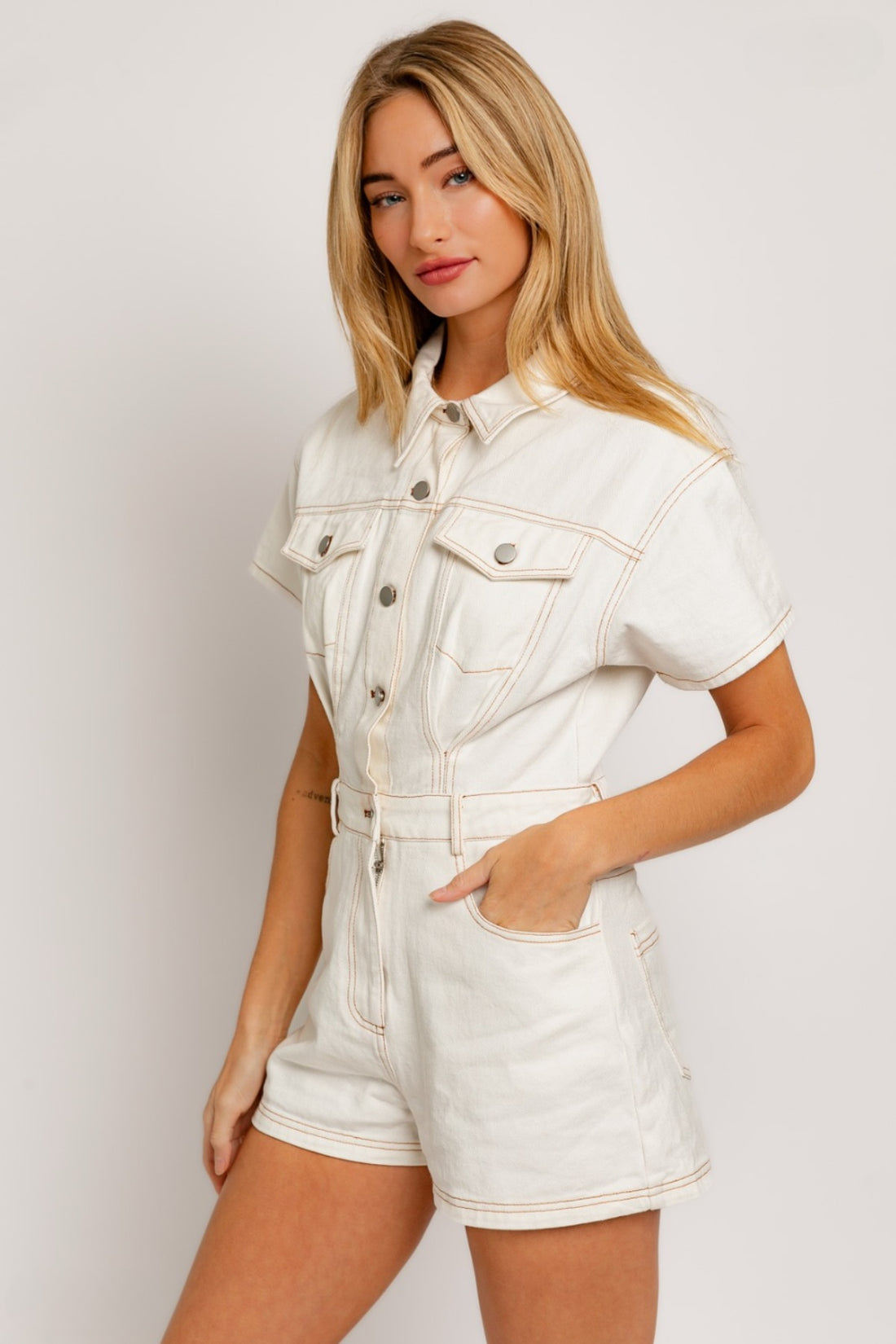 womens Short Sleeve Denim Romper in white