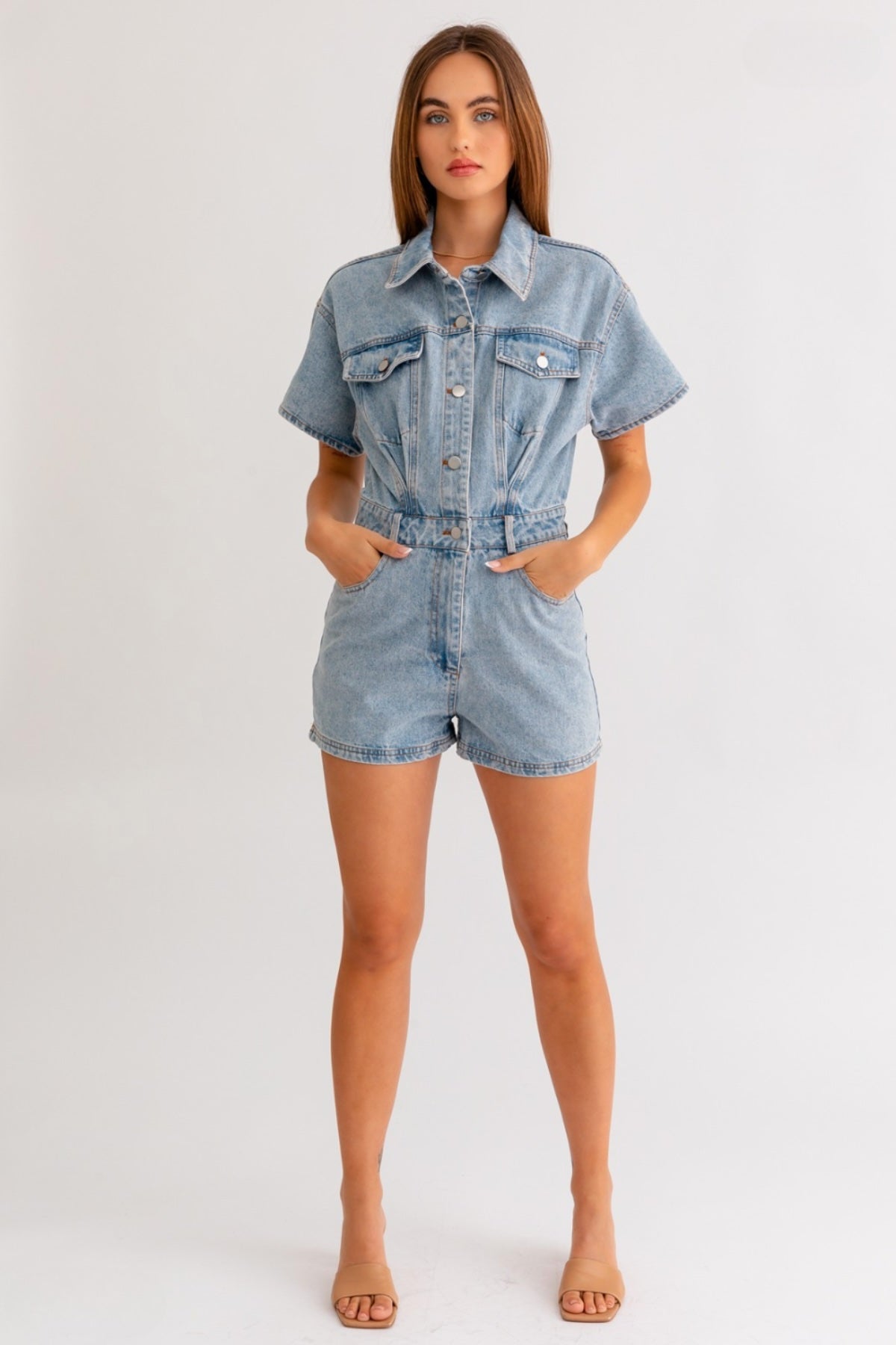 blue Short Sleeve Denim Romper women