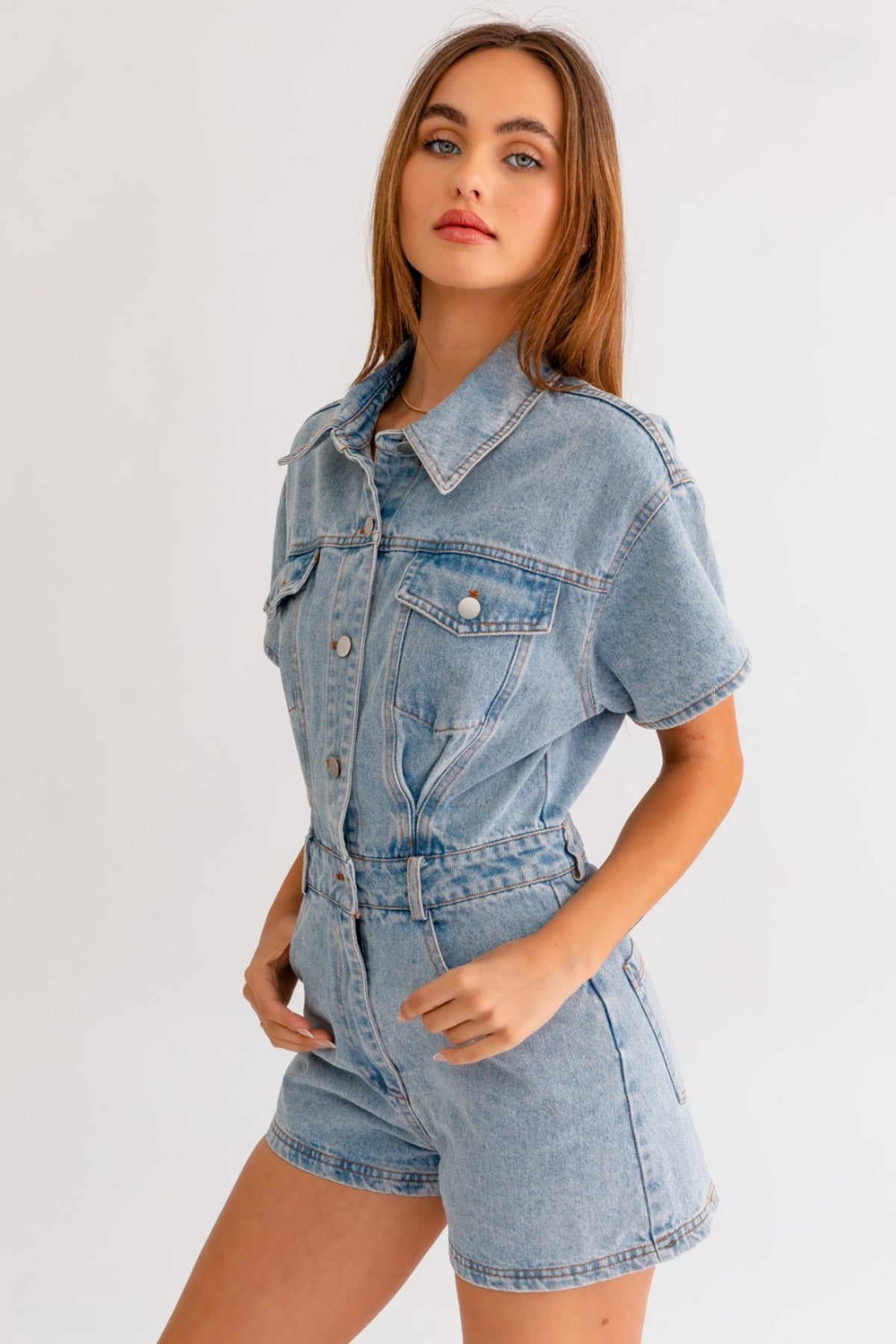 womens blue Short Sleeve Denim Romper