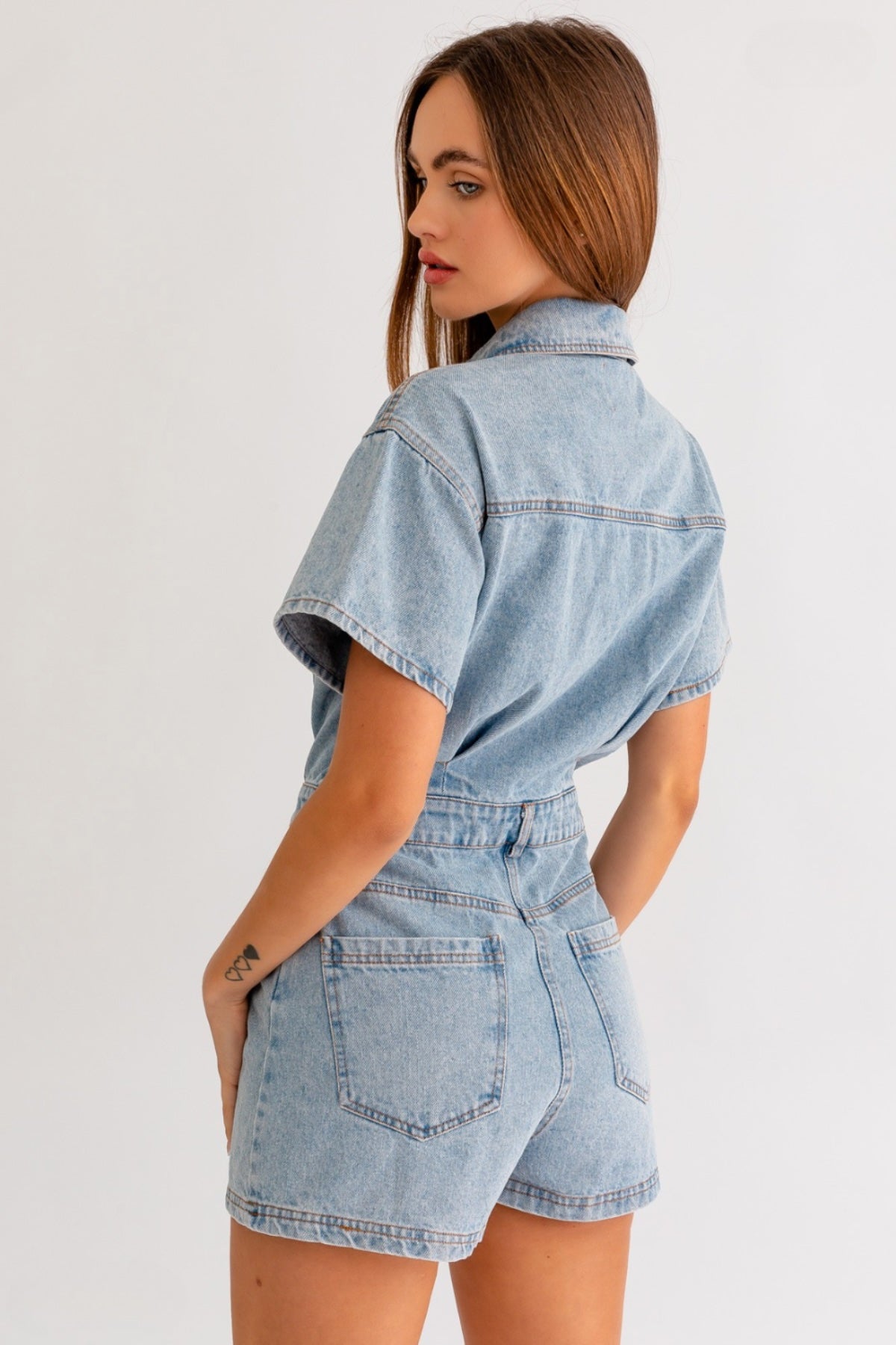 blue Short Sleeve Denim Romper