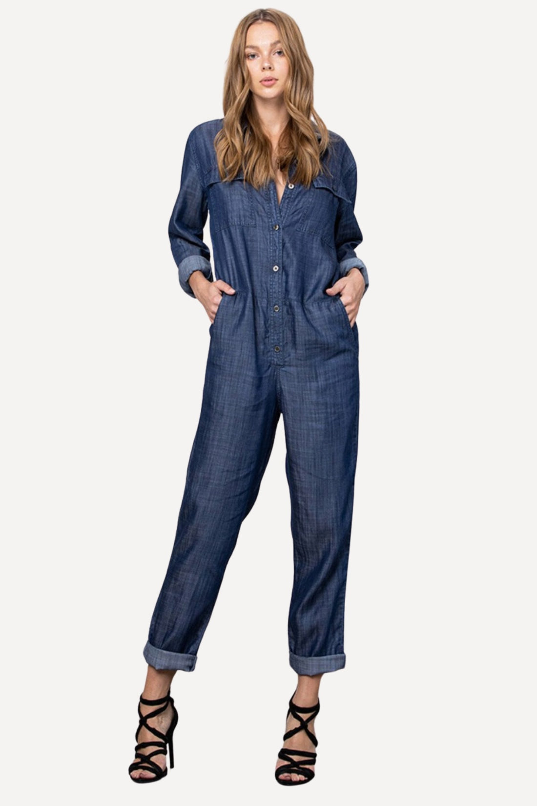 casual style, spring fashion, resort style, my fashion, i fashon, denim jumpsuit, jean jumpsuit Denim Long Sleeve Jumpsuit