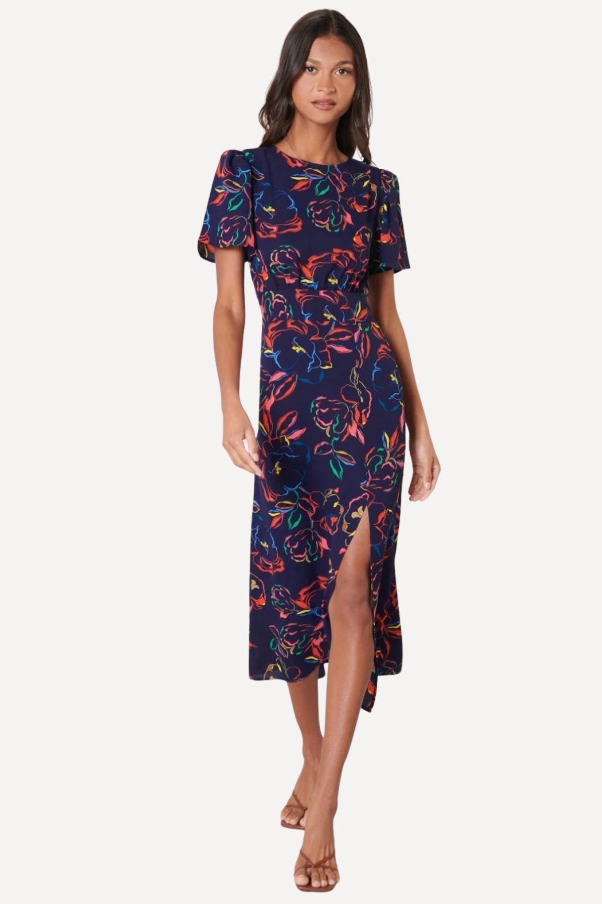 Navy Blue Floral Midi Dress - LK’s Boutique