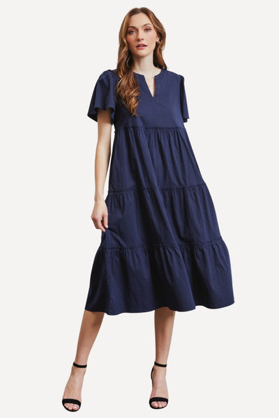 cotton navy midi dress, cotton summer dress, cotton spring dress