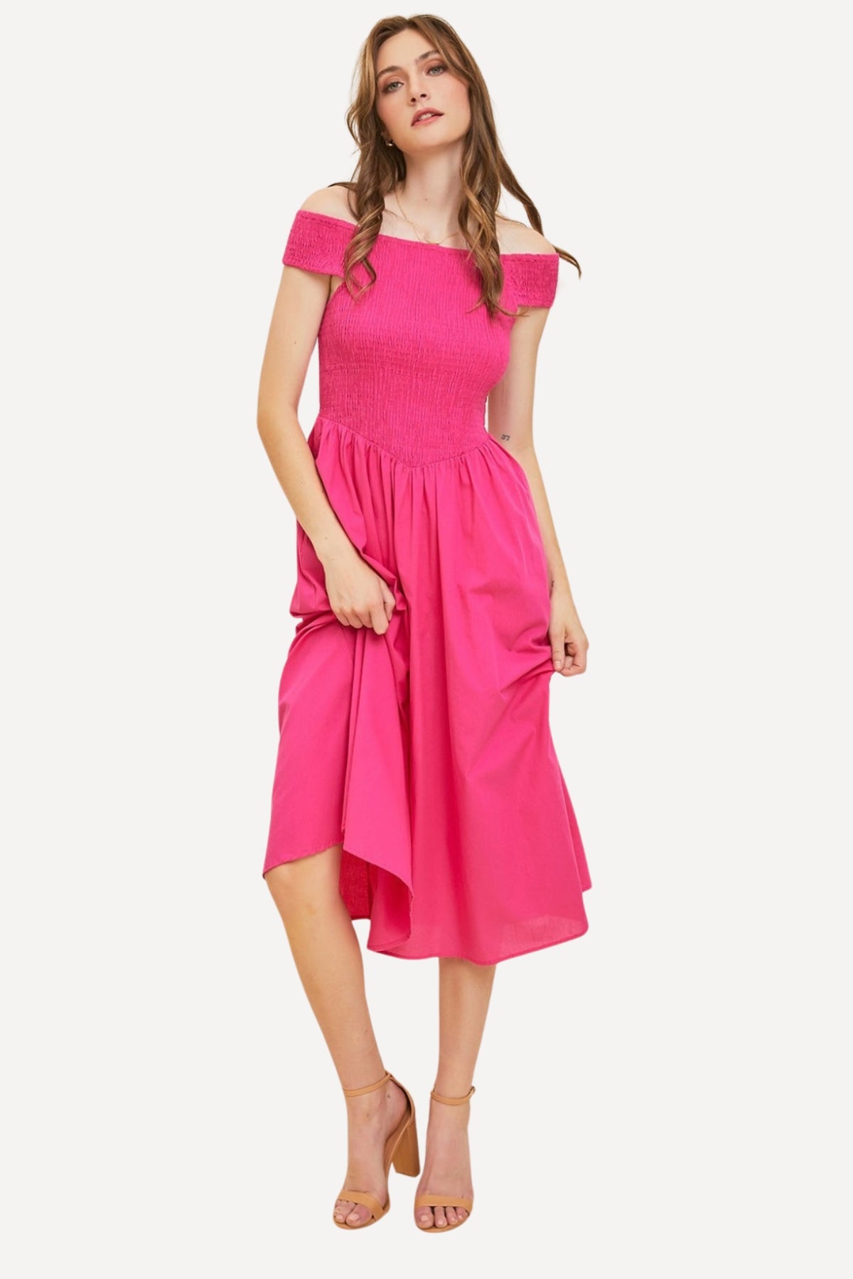 Pink Smocked Midi Cotton Dress