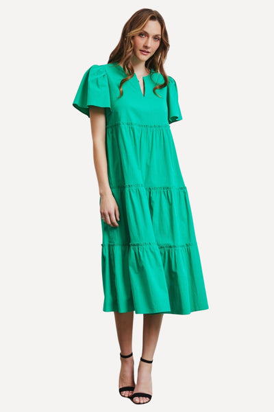 green cotton dress, spring green dress, Poplin Tiered Midi Dress - Green