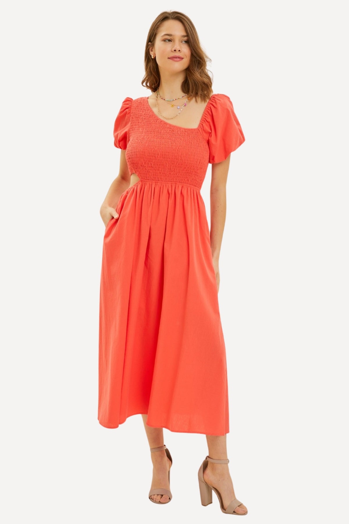 Smocked Cutout Midi Dress - Orange