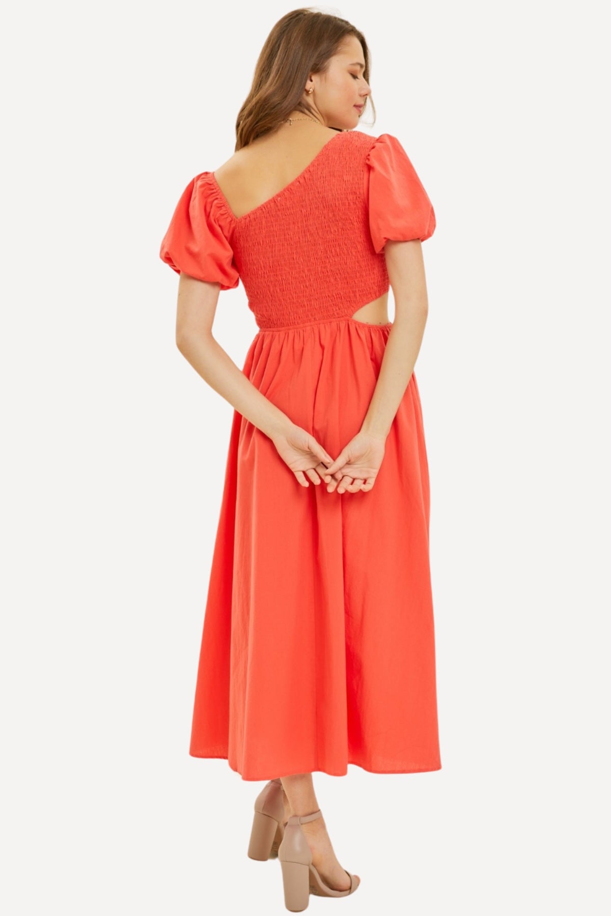 Smocked Cutout Midi Dress - Orange