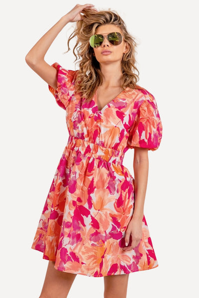 womens floral short dress, Puff Sleeve Floral Mini Dress - Pink