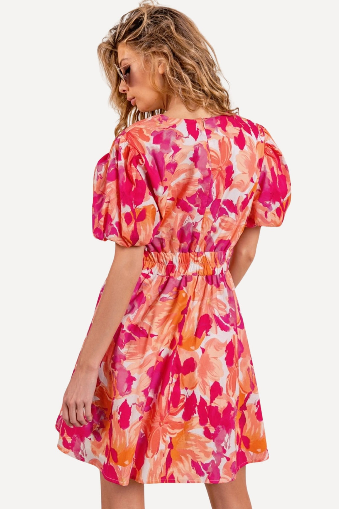 Puff Sleeve Floral Mini Dress - Pink