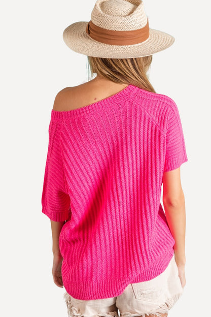 Bright Pink Short Sleeve Knit Top