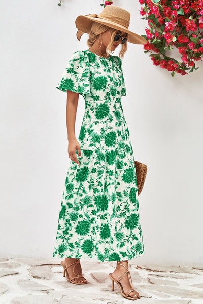 green Floral Short Sleeve Maxi Dress