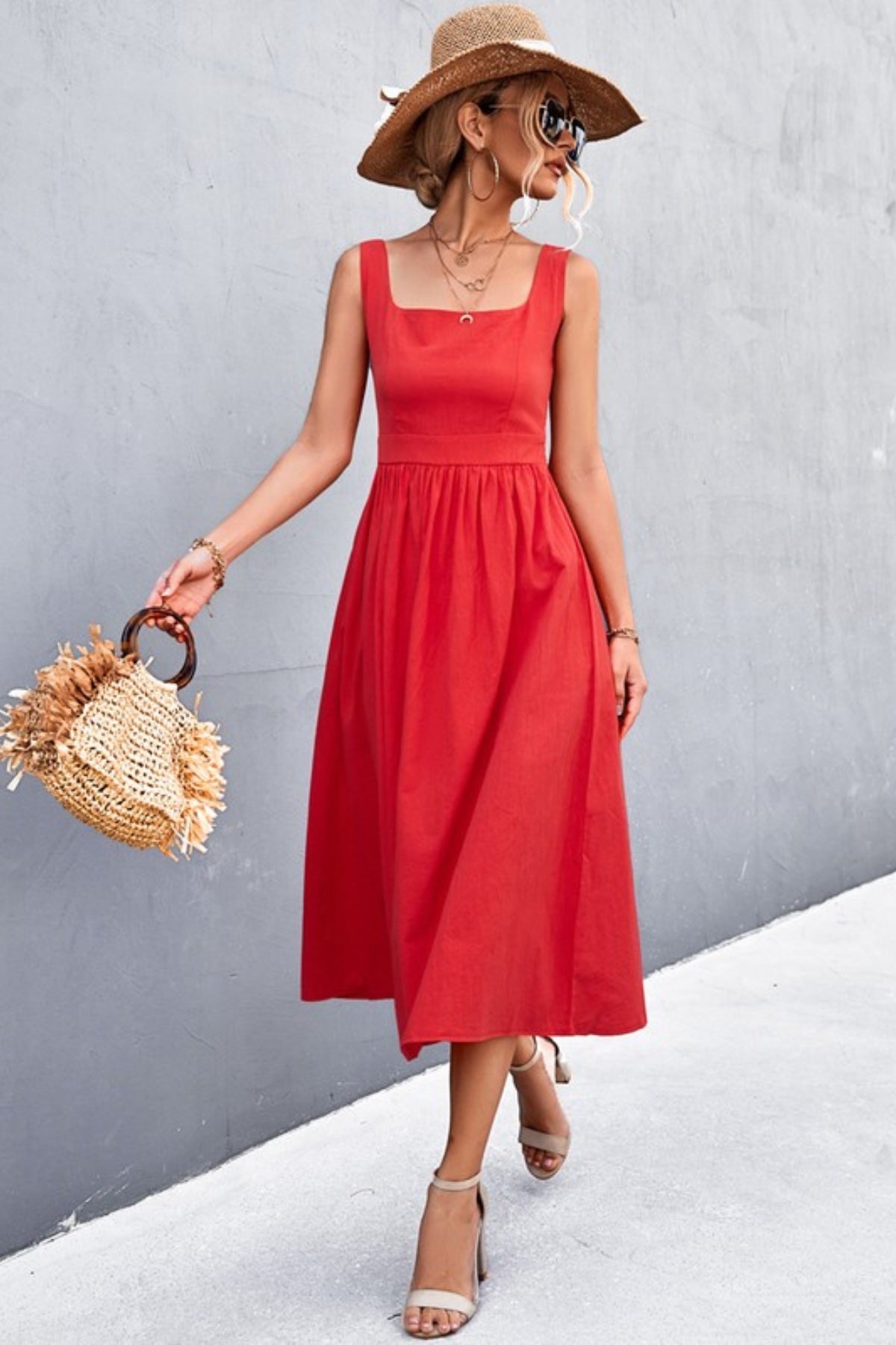 Square Neck Red Midi Dress