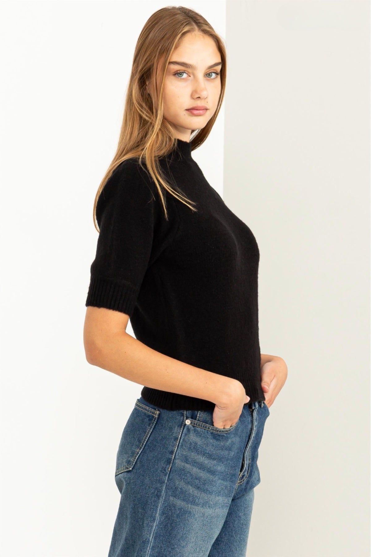 black Puff Sleeve Knit Top