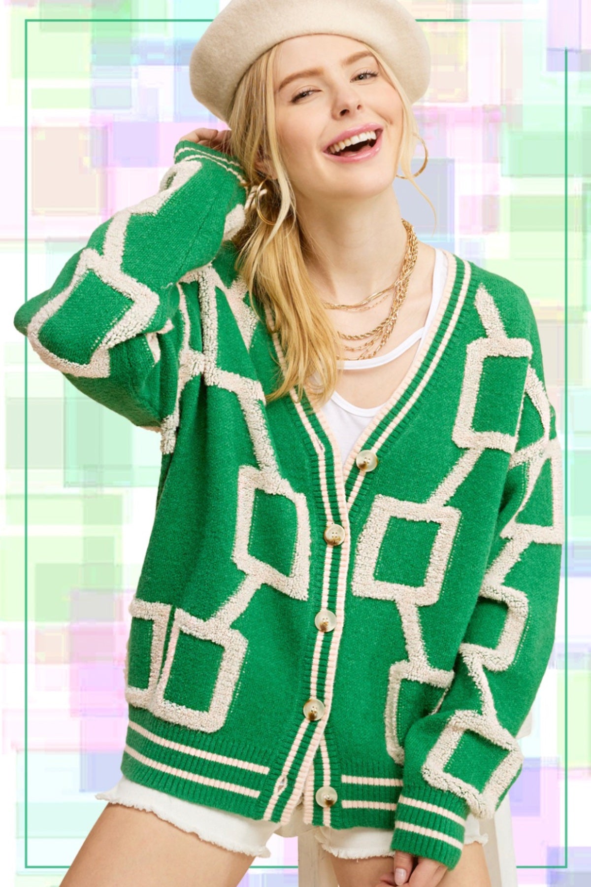 beige and green knit cardigan