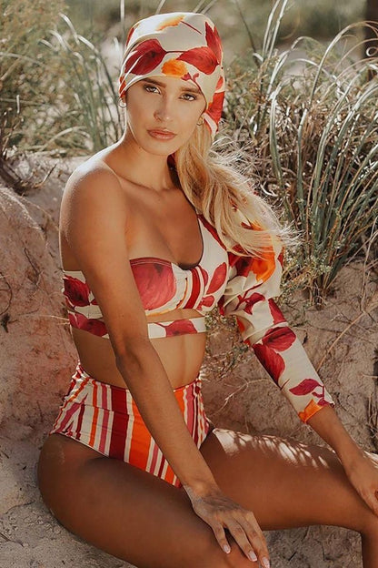 Striped Floral Split Long Sleeve Bikini - LK’s Boutique