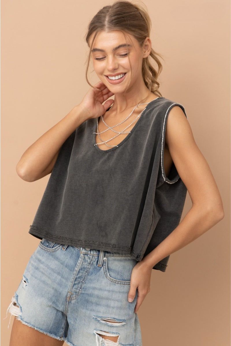 gray Rhinestene Washed Tank