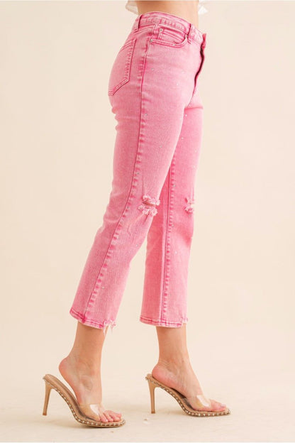 pink Rhinestone Distressed Jeans