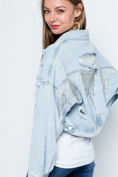 womens light blue jean jacket, Rhinestone Fringe Denim Jacket