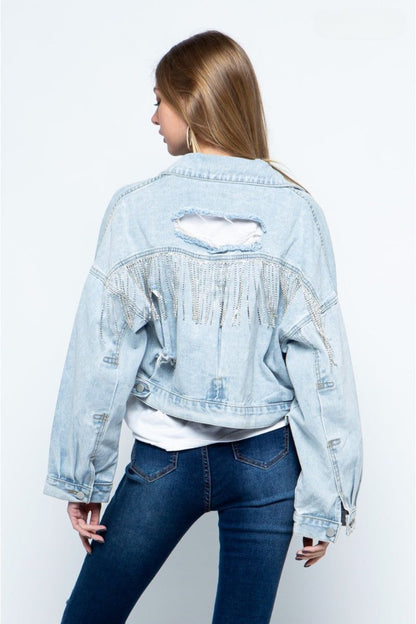 Rhinestone Fringe Denim Jacket - LK’s Boutique