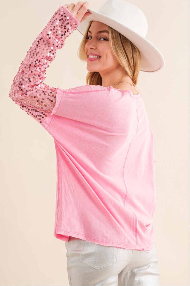 pink long sleeve sequin top