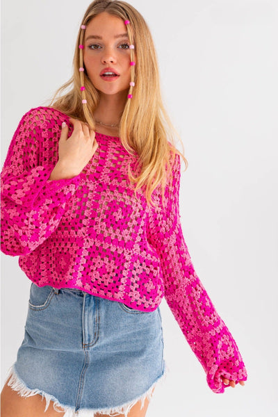 pink Long Sleeve Crochet Top
