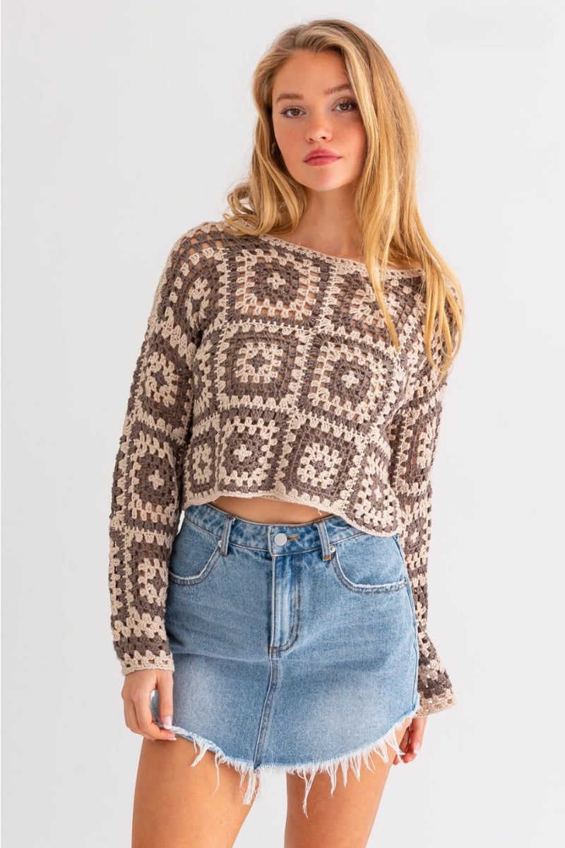 tan Long Sleeve Crochet Top