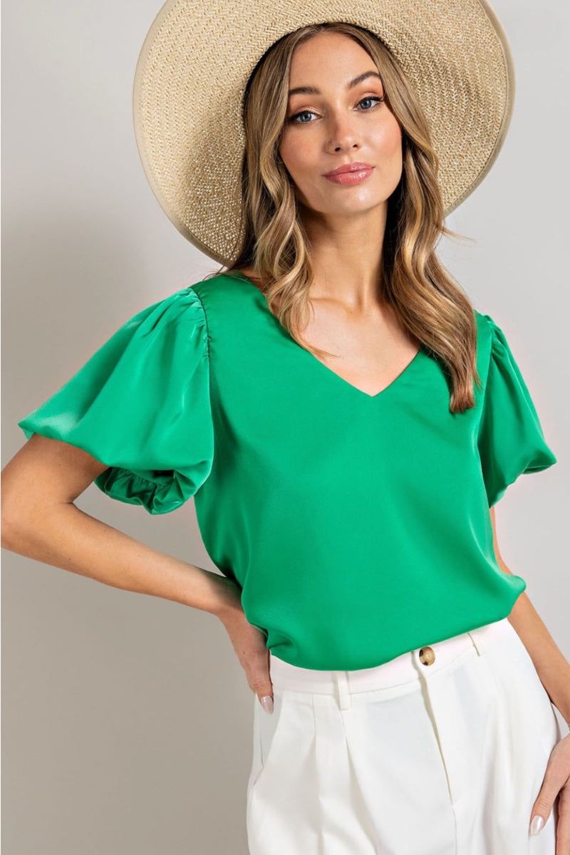 green Puff Sleeve Satin Top