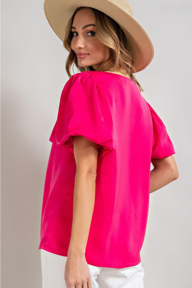 fuchsia Puff Sleeve Satin Top