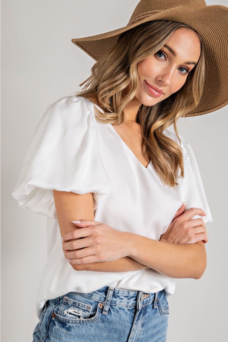 white Puff Sleeve Satin Top